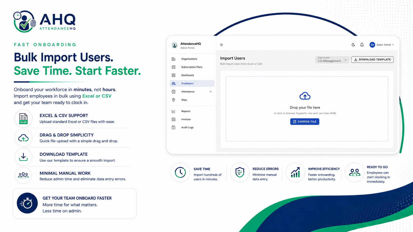 AttendanceHQ bulk employee import screen